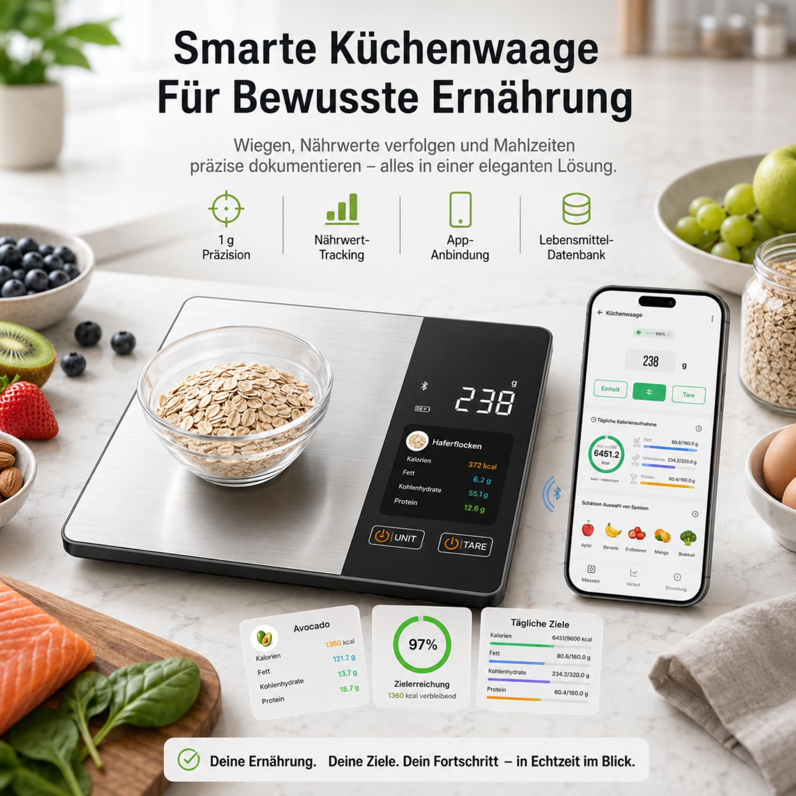 Smartvita Küchenwaage Kalorienwaage, Kompakte Küchenwaage mit Kalorienzähler Bluetooth App Für Küche Haushalt Diät