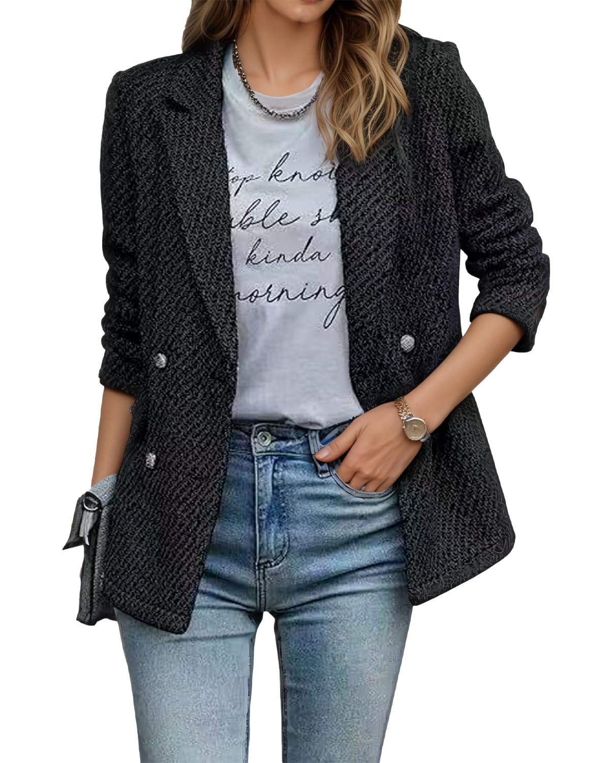 Womens Casual flip Collar Tweed Double Breasted Jacket Mixed Business Office Suit Jacket
