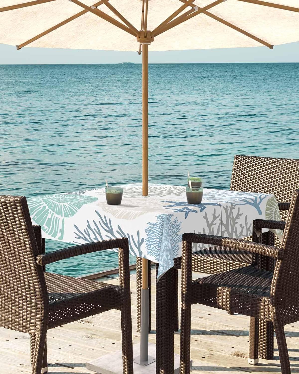 Coastal Outdoor Tablecloth - 54x54 Inch Square Dining Table Cover, Blue Teal Coral Summer Beach Ocean Starfish Waterproof Outdoor Table Cloth with Umbrella Hole & Zipper for Picnic/Patio/Party