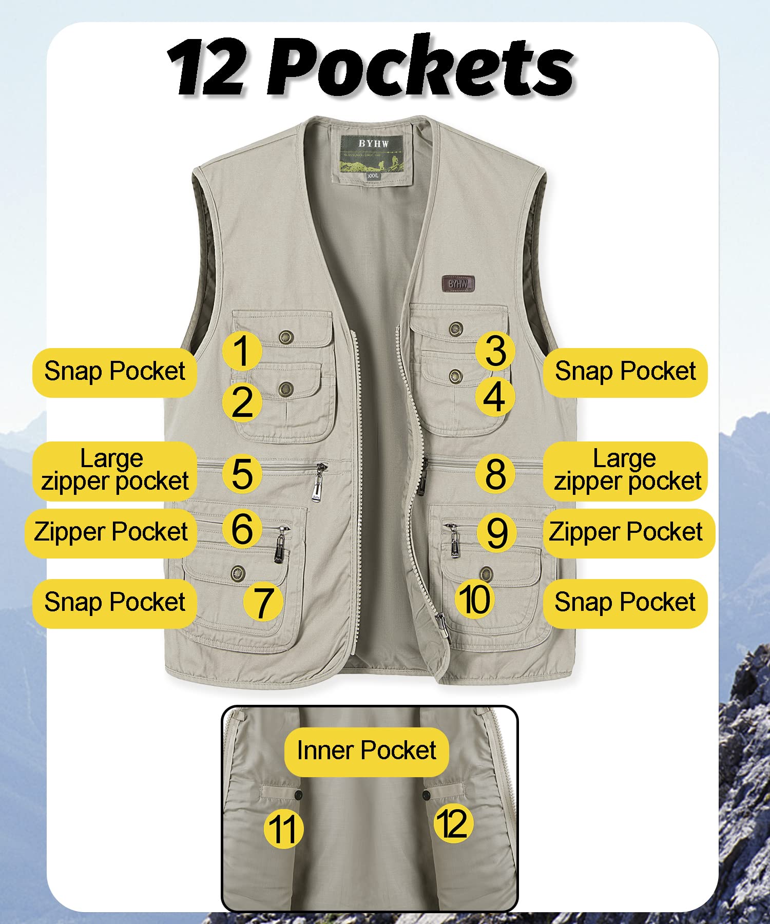 Chaleco de Pesca para Hombre con Multibolsillos Chaleco de Fotografia Caza Algodón Chaquetas sin Mangas Tipo Safari