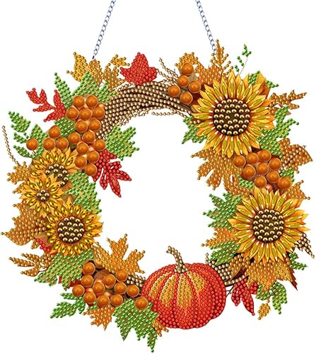 AZURAOKEY Kit de arte de diamantes de calabaza de otoño, corona colgante de corona de girasol con forma especial, kit de arte de diamantes de granja