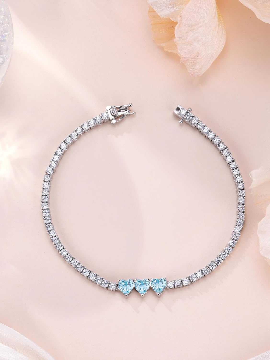 Sterling Silver Heart Tennis Bracelets for Women Birthstone Gemstone Charm Long 5A Cubic Zirconia Fine Jewelry for Daily Waer 7 Inches