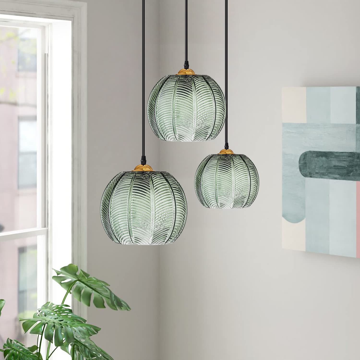 Genérico Lámpara De Araña De Cristal Verde, Lámpara De Mesa De Comedor Ajustable De Tres Cabezales, Diseño Retro De Calabaza, Cable Colte Ajustable De 150 Cm (3 Lights)