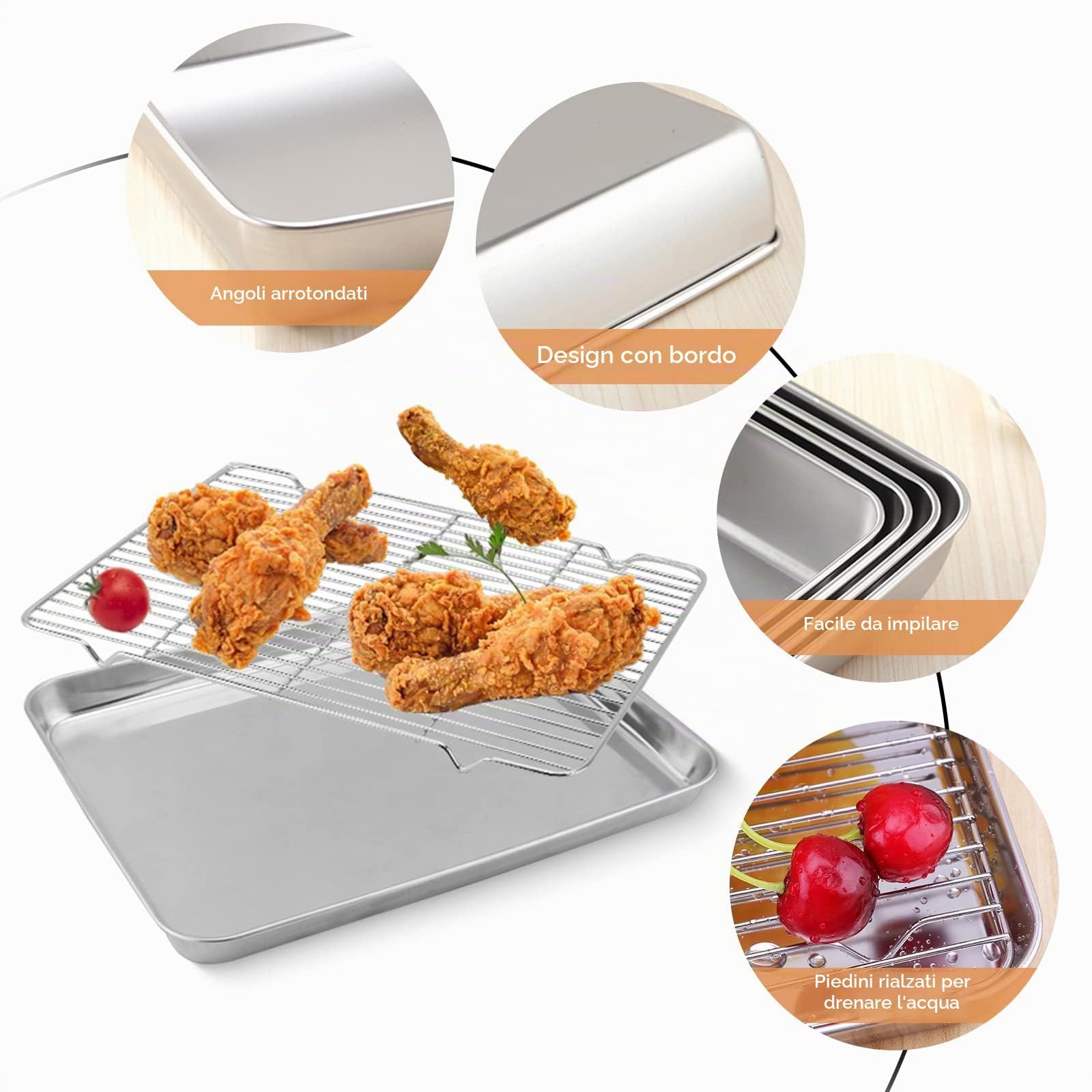 Griglia in Acciaio Inossidabile, Teglia da Forno Rettangolare con Griglia di Raffreddamento, Set di Teglie da Forno da Cucina per Manzo, Pollo e Verdure (23.5 * 17.5 * 5CM)