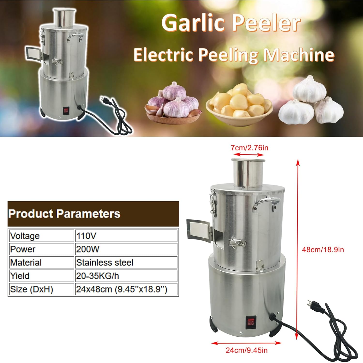 Commercial Electric Garlic Peeler Stainless Steel Dried Whole Garlic Peeling Machine Separator Peel Remover 44-77LB/H for Restaurants and Home 110V 200W