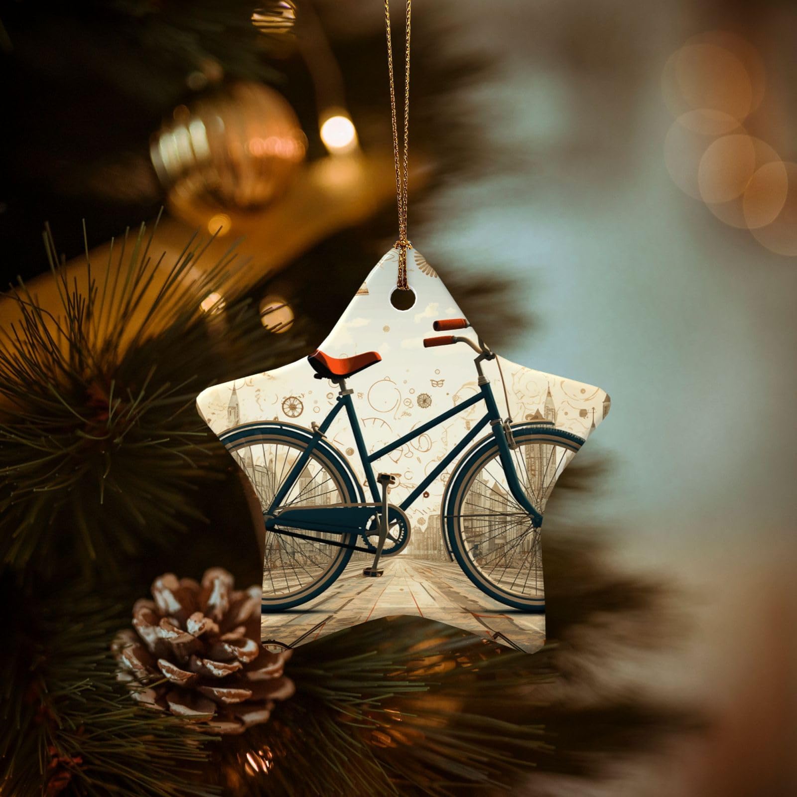 Christmas Ornaments for Christmas Tree Decoration Hanging Retro Bicycle Ornament with Gold Ribbon Crafts Star Shape Ceramic Pendant for Keepsake Gifts Xmas Decor Party Supplies