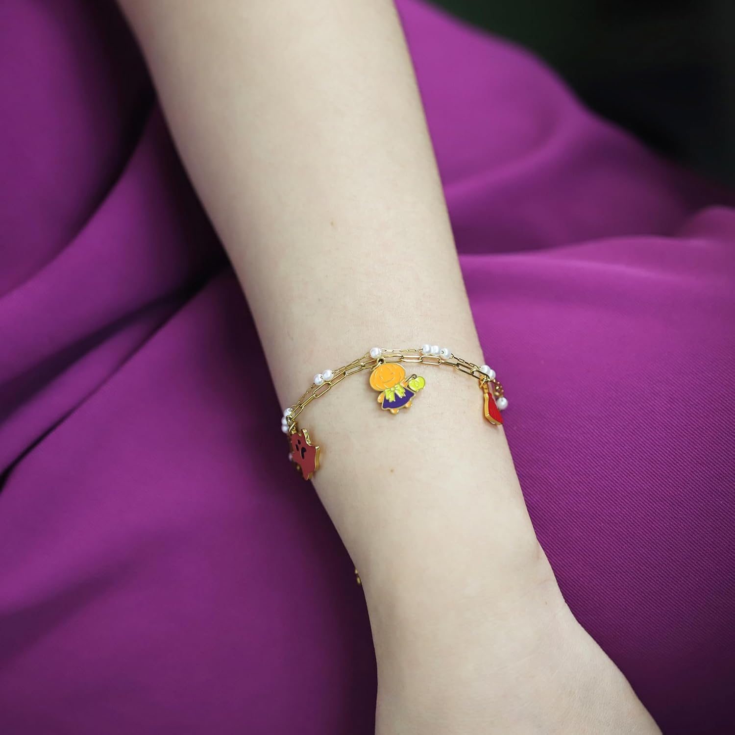 LETFLY Halloween Bracelets for Women, 18K Gold Silver Plated Pumpkin Spider Ghost Witch Charms, Stackable Beaded Bracelet Jewelry Gifts for Women - Image 2