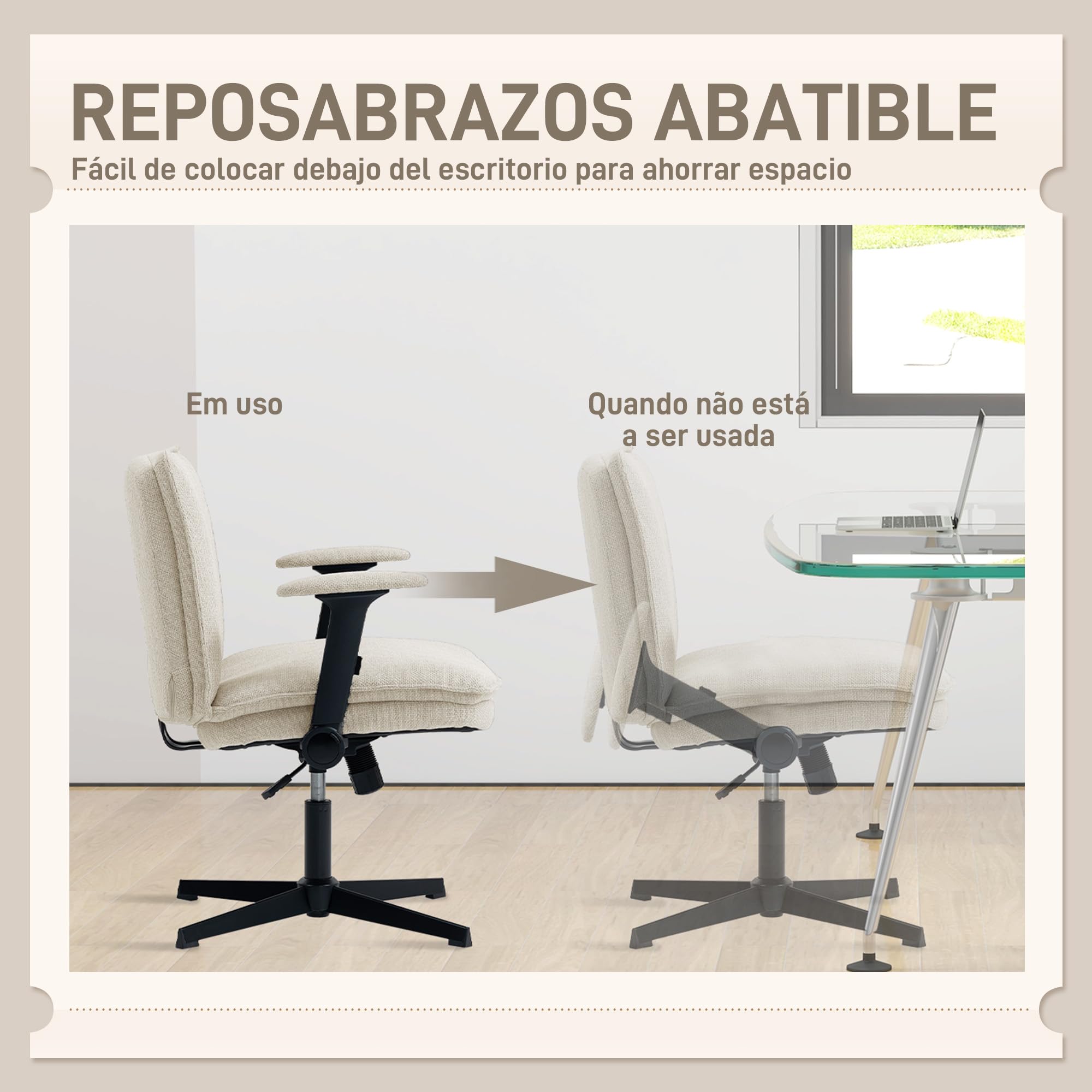 HOMCOM Silla de Oficina Piernas Cruzadas sin Ruedas Crema | Silla Escritorio, Asiento Ancho 63 cm, Reposabrazos Abatible, Altura Ajustable, Giratoria, Función Basculante, Tapizada Lino