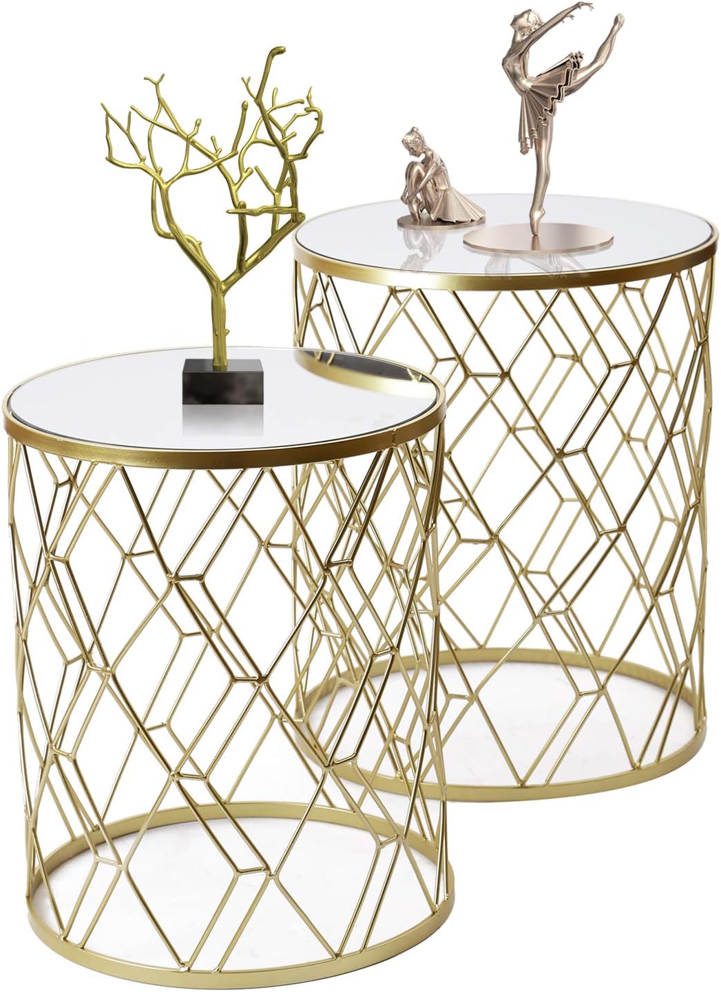 Joveco 2 Pieces Side Table Creative Metal Frame with Glass End Table (White Top)