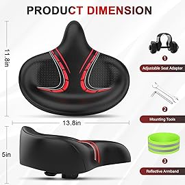 BLUEWIND Oversized Bike Seat, Wide Bicycle Saddle Novel Backrest Design for Electric Bike, Universal Fit Exercise or Road Stationary Bike Seat Cushion for Men & Women (Red)