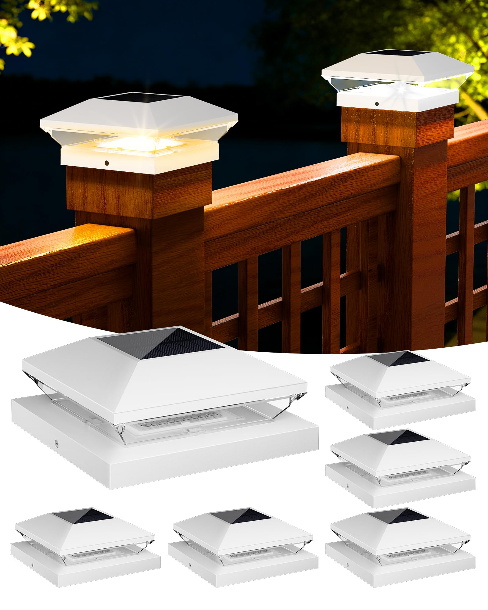 sun☀︎ T-SUN Solar Post Cap Lights Outdoor 6 Pack, 2 Modes LED Fence Post