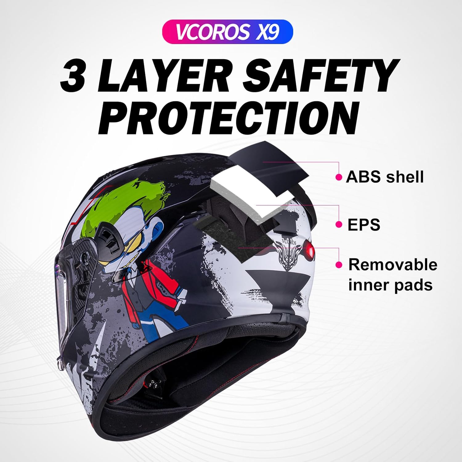 VCOROS Full Face Dual Visor Motorcycle Helmet for Adults Motorbike Street Bike Racing Helmets X9 DOT Approved with Black Visor