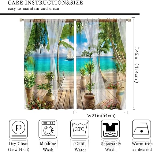 Miniatura 2 de Cortinas de paisaje, ventana tropical con vista al mar, océano, playa, barco, cortinas con estampado de palmeras para dormitorio, sala de estar,