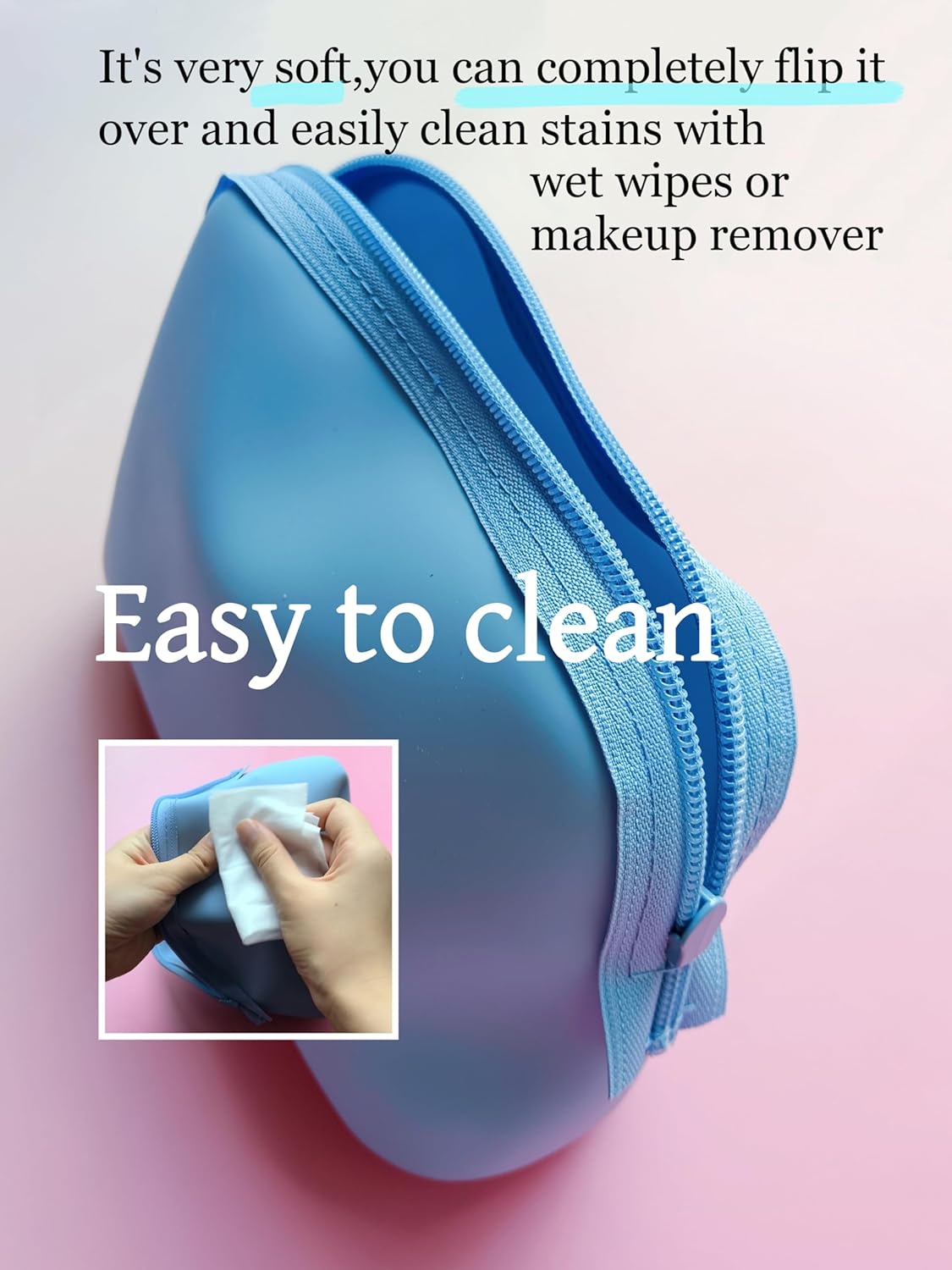 Foldable Silicone Makeup Bag Large Capacity and Lightweight Toiletry Bag for Travel Waterproof Cosmetic Bag with Zipper for Women Girls (blue) - Image 4