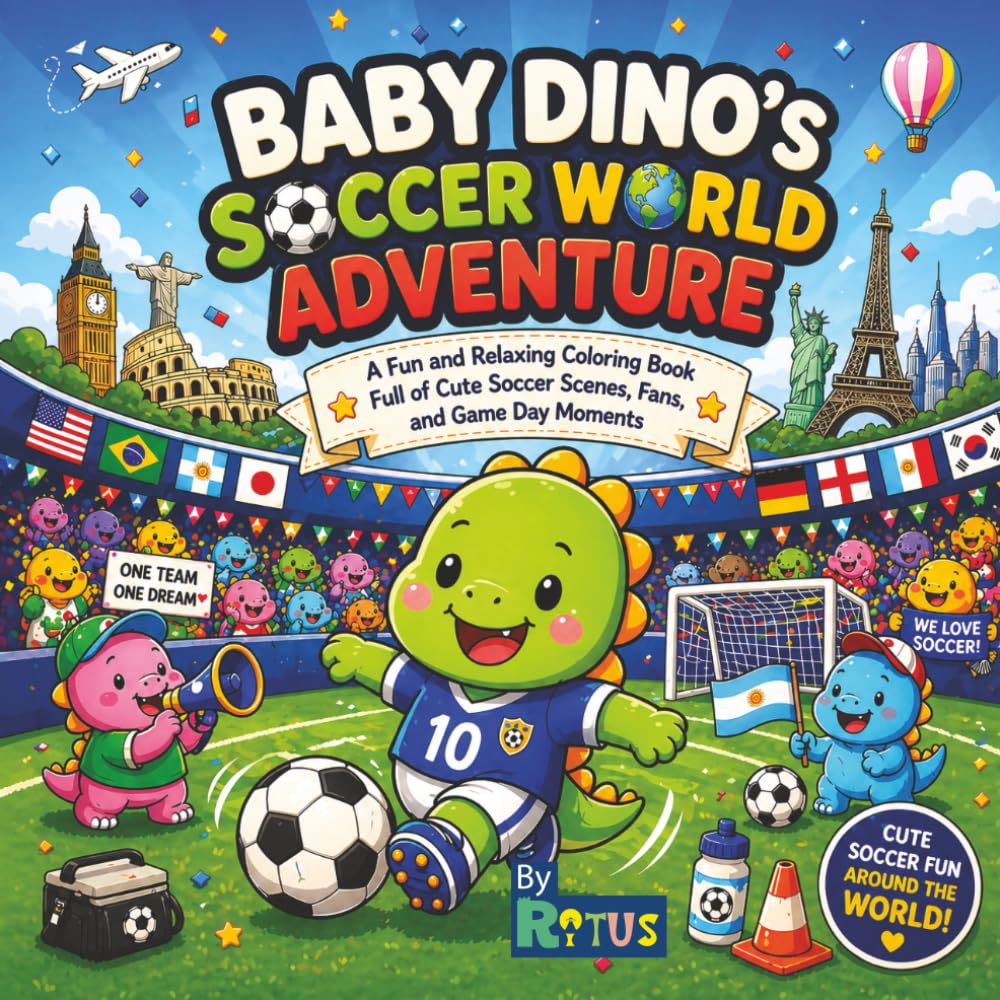 Baby Dino’s Soccer World Adventure: Baby Dino’s Soccer World Adventure: A Fun and Relaxing Coloring Book for Kids with Cute Soccer Scenes, Stadiums, Fans and World Travel