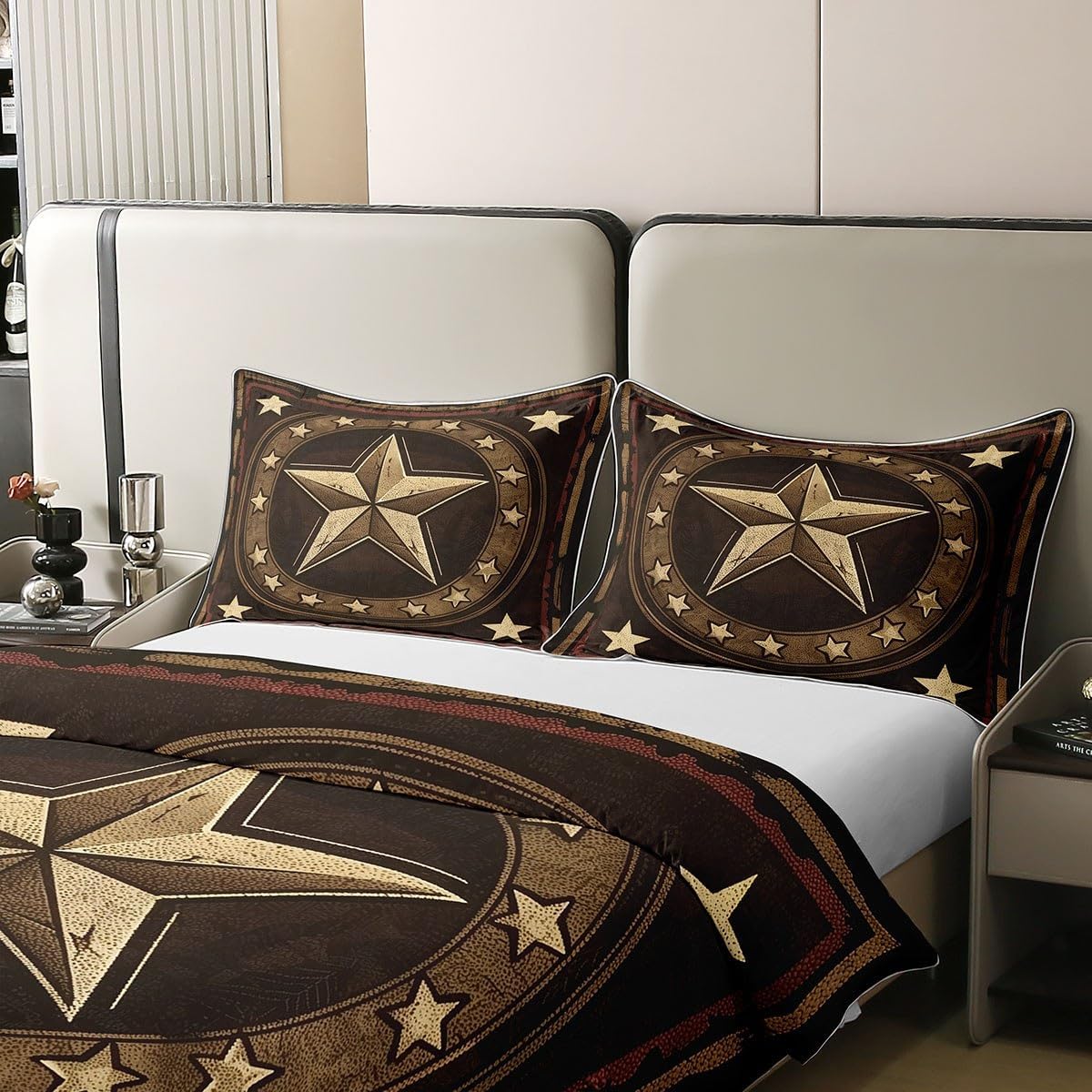 Texas Star Bedding Set 100% Cotton 70s 80s Retro American Style Duvet Cover for Kids Teens Adults Brown Vintage Grid Decorative Quilt Cover,2 Pillowcases(No Comforter) Full Size 3 Pcs