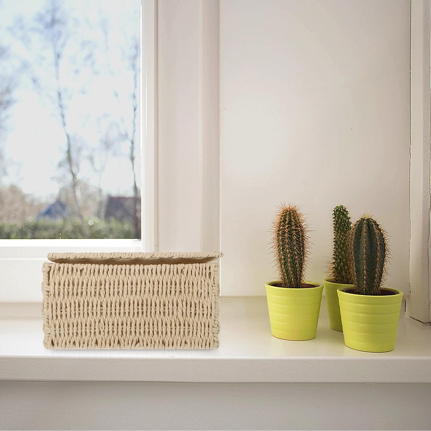 Large Capacity Storage Box with Lid, Multipurpose Desktop Basket Made of Paper Rope and Iron, Wear-resistant Beige Storage Container for Dormitory and Home Organization