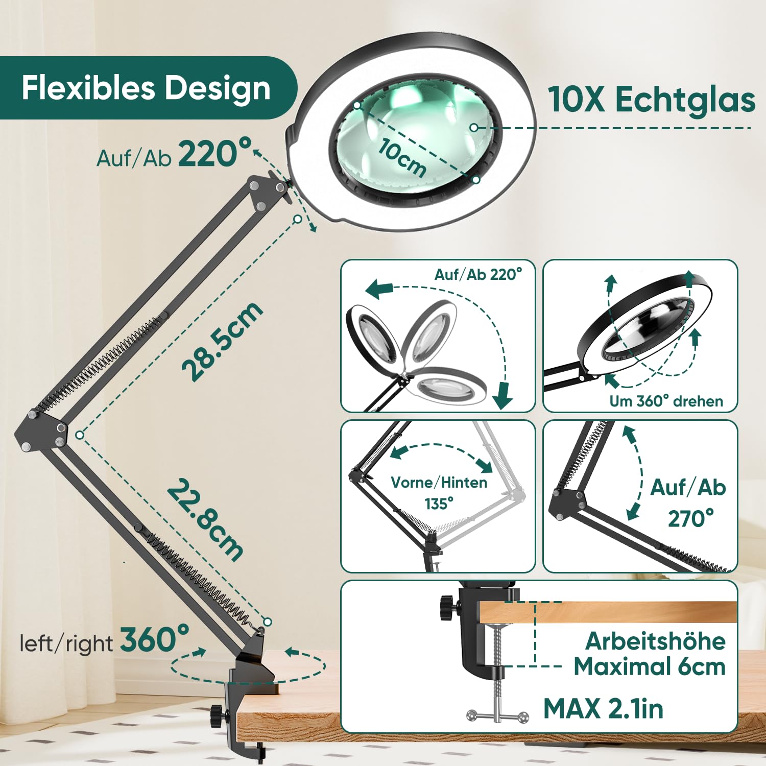TYEE Loupe 10X avec lumière et pince, loupe éclairée en verre véritable avec 5 modes de couleur et intensité variable en continu, lampe de bureau mains libres pour loisirs, bricolage, lecture et
