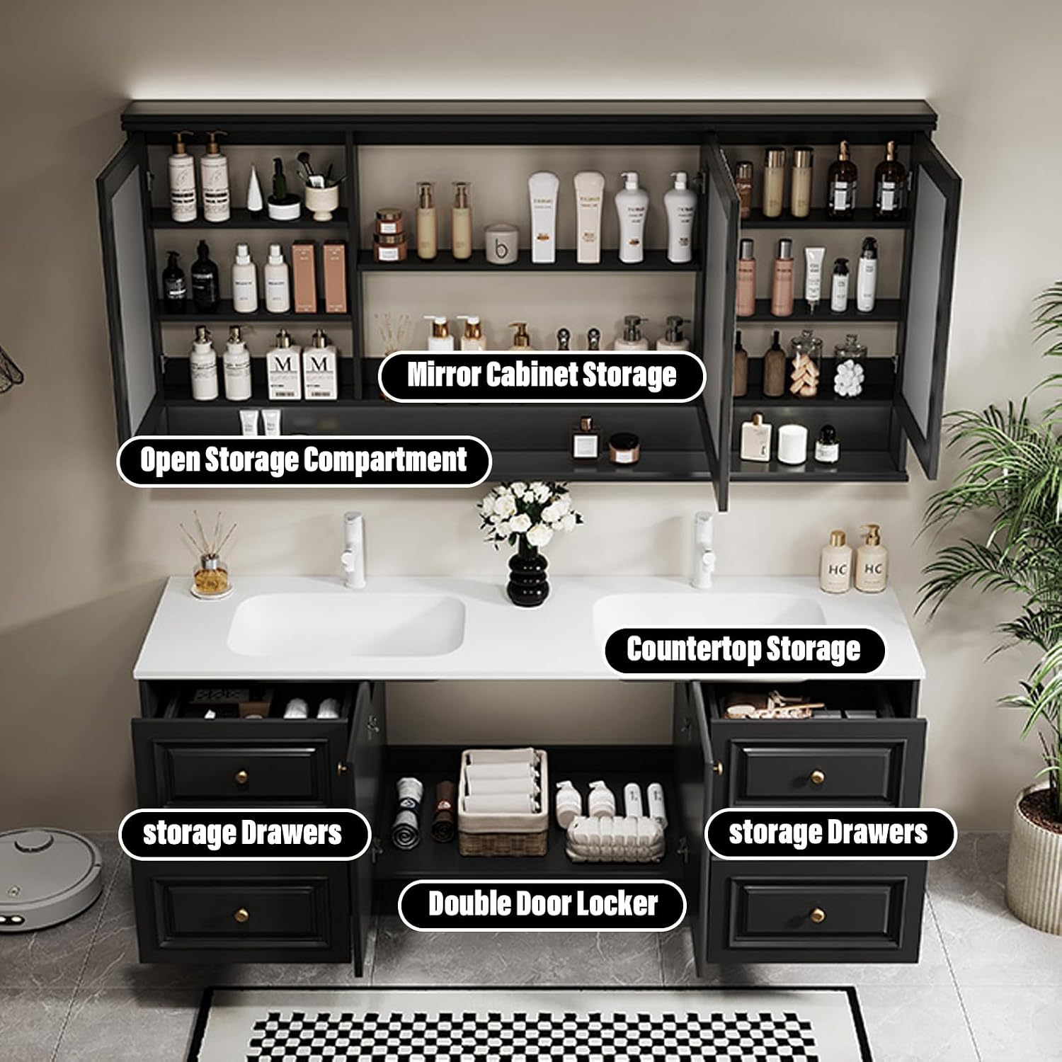 92IN Double Sink Bathroom Vanity Set - Floating Bathroom Vanity Cabinet | Includes LED Smart Defogging Mirror Cabinet & Faucet | Available in Black and White | Oak Material | White
