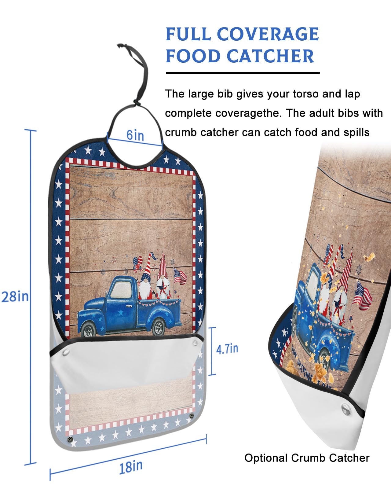 4th of July Adult Bibs for Eating, Waterproof Bibs with Food Catcher & Adjustable Snap Closure, Farmhouse Truck Gnomes Independence Day Washable Clothing Protectors Adult Bibs for Elderly Women/Men