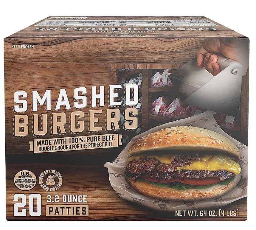 Smashed Burgers , Are made in the USA with one ingredient, 100% pure beef. No fillers here, which is why this product is 100% gluten free. Miami Beef Premium Blend Smashed Burgers comes with 20 grams of protein per serving and are an excellent source of protein. 20 pk [ 64 oz , 4 lb ]