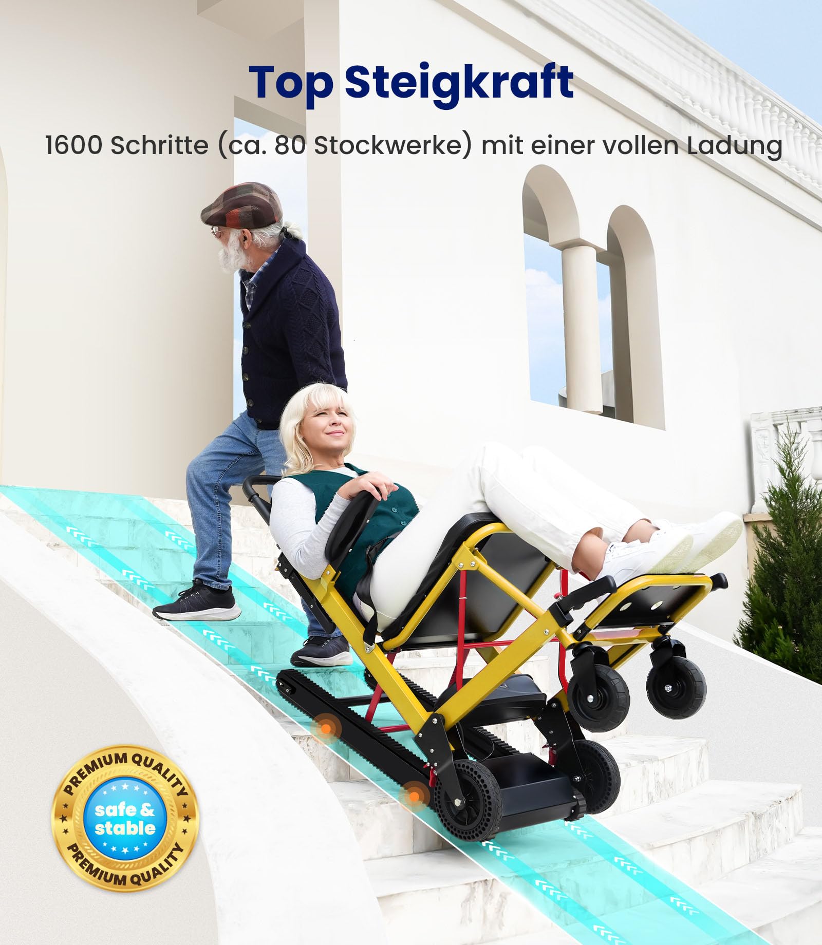 VOCIC Elektrisch Treppensteiger Rollstuhl Faltbar 220KG mit Gummikette AY04 | Elektrische Treppenhilfe Rollstühle für Senioren, Treppenlift Medizinische Rettungstrage mit LED Licht (Gelb)