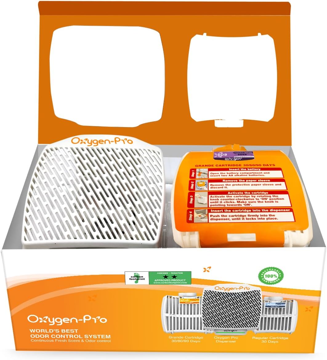 Oxygen-Pro - Starter Kit - Commercial Air Freshener and Deodorizer, Wall Mounted, Battery Operated Automatic Dispenser, Odor Eliminator, and Fragrancing System (Medium Scent) 120 Day Supply