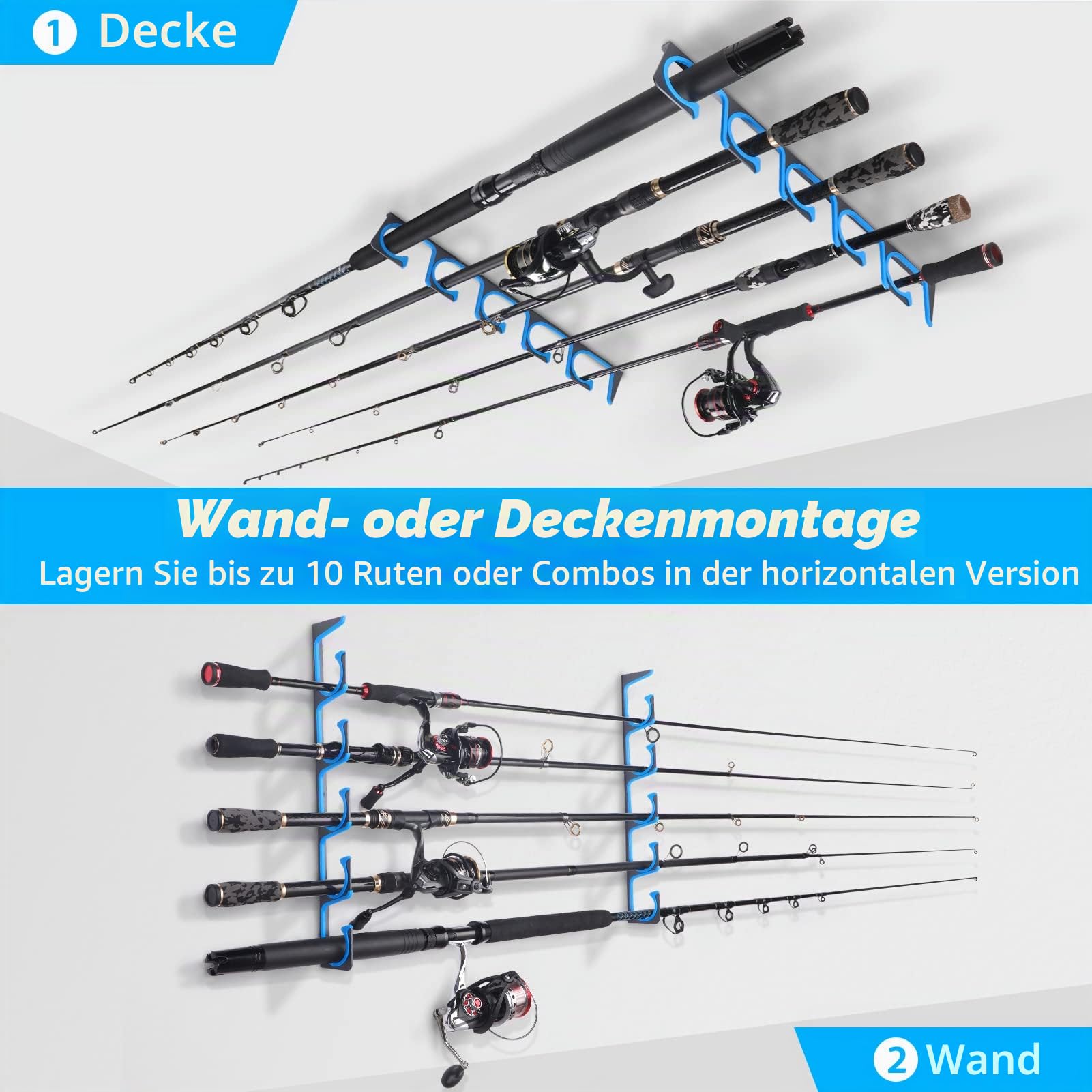PLUSINNO 2 Stück H5 horizontale Angelruten-/Rutenhalter, Angelrutenhalter für Garage, Wand oder Deckenmontage, Angelrutenhalter, Luftfahrt-Aluminium-Rutenhalter für 10 Ruten oder
