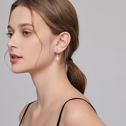 Miniatura 6 de 18K White Gold Plated Pearl Hangling Earrings for Women, 925 Sterling Silver Cubic Zirconia Pearl Dangle Drop Earrings with Fish Hook, Pearl Jewelry