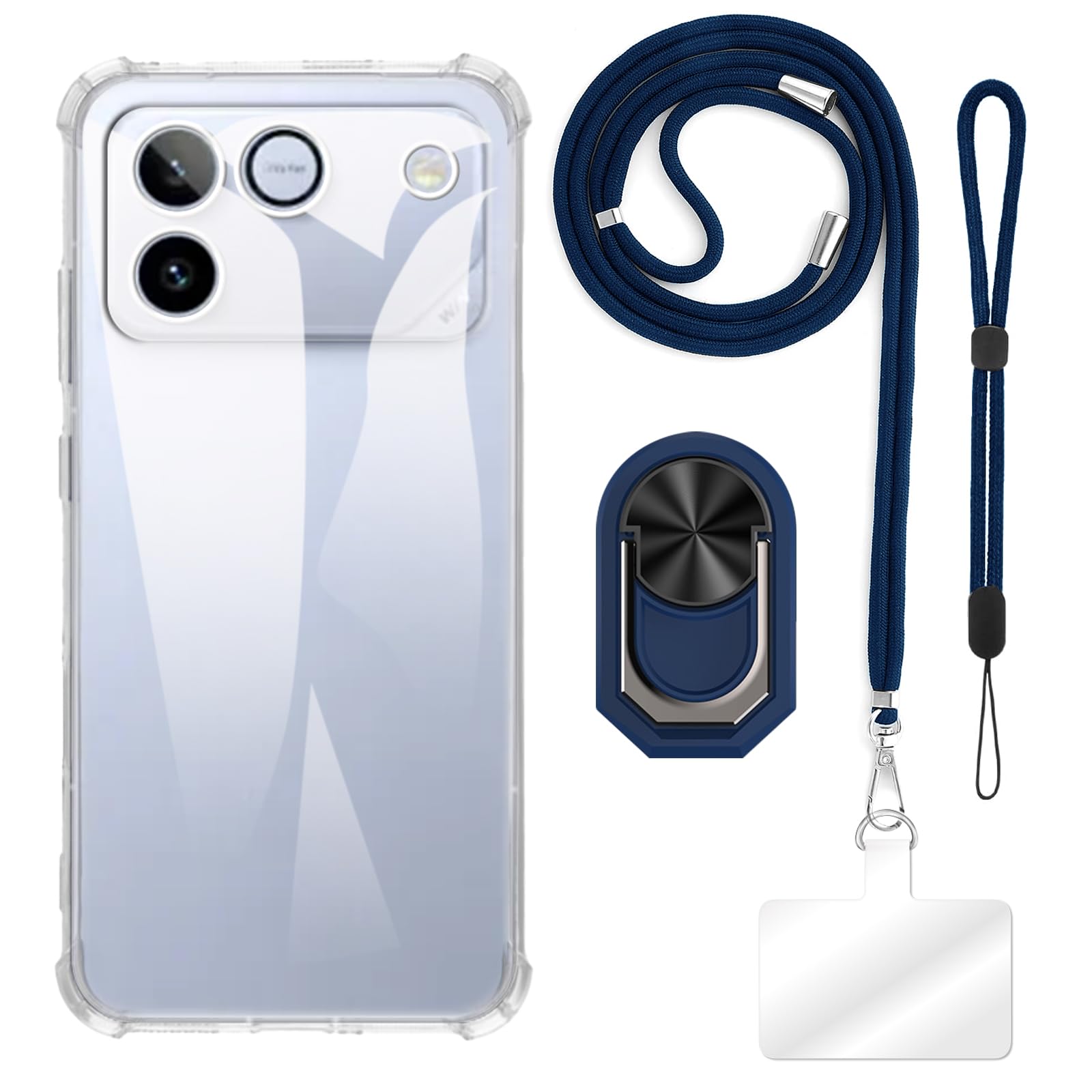 [4 in 1]Case Compatible with Huawei Honor Win RT 5G with Lanyard, Wrist Strap and Ring Holder, Protective Cover Anti-Drop Secure Travel Kit (Clear+Blue Set)