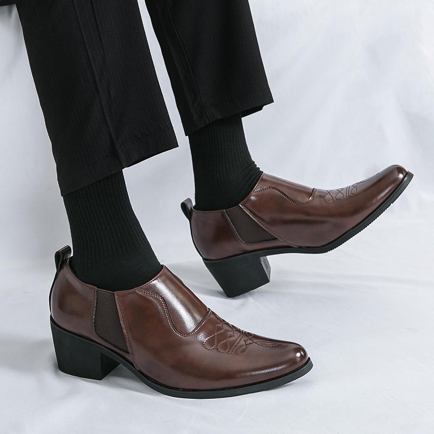 Men'S Embroidery Chunky Heel Loafers with Elastic Band Fashion Patent Leather Pointed Toe Comfortable Medium Top Block Heel Slip-On Formal Dress Shoes for Wedding Business Work Dating Office Shoes