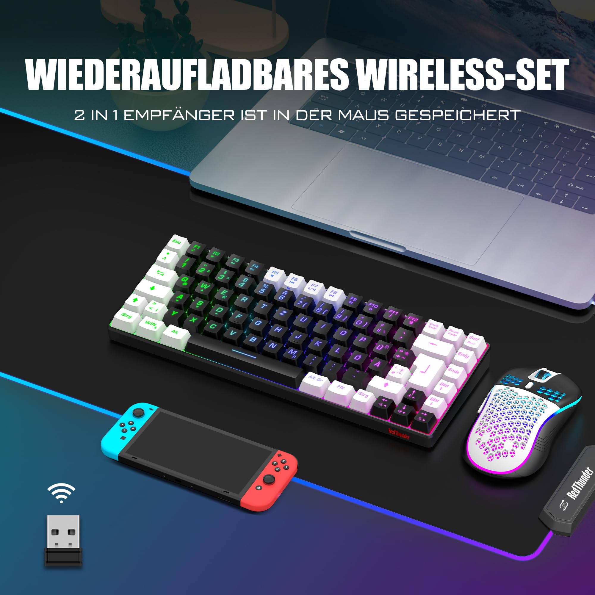 RedThunder K84 Clavier et souris de jeu sans fil QWERTZ DE, rechargeable, compact, ultra-léger Construction Honeycomb pour PC, Mac, PS5, Xbox (version noir et blanc 2024)