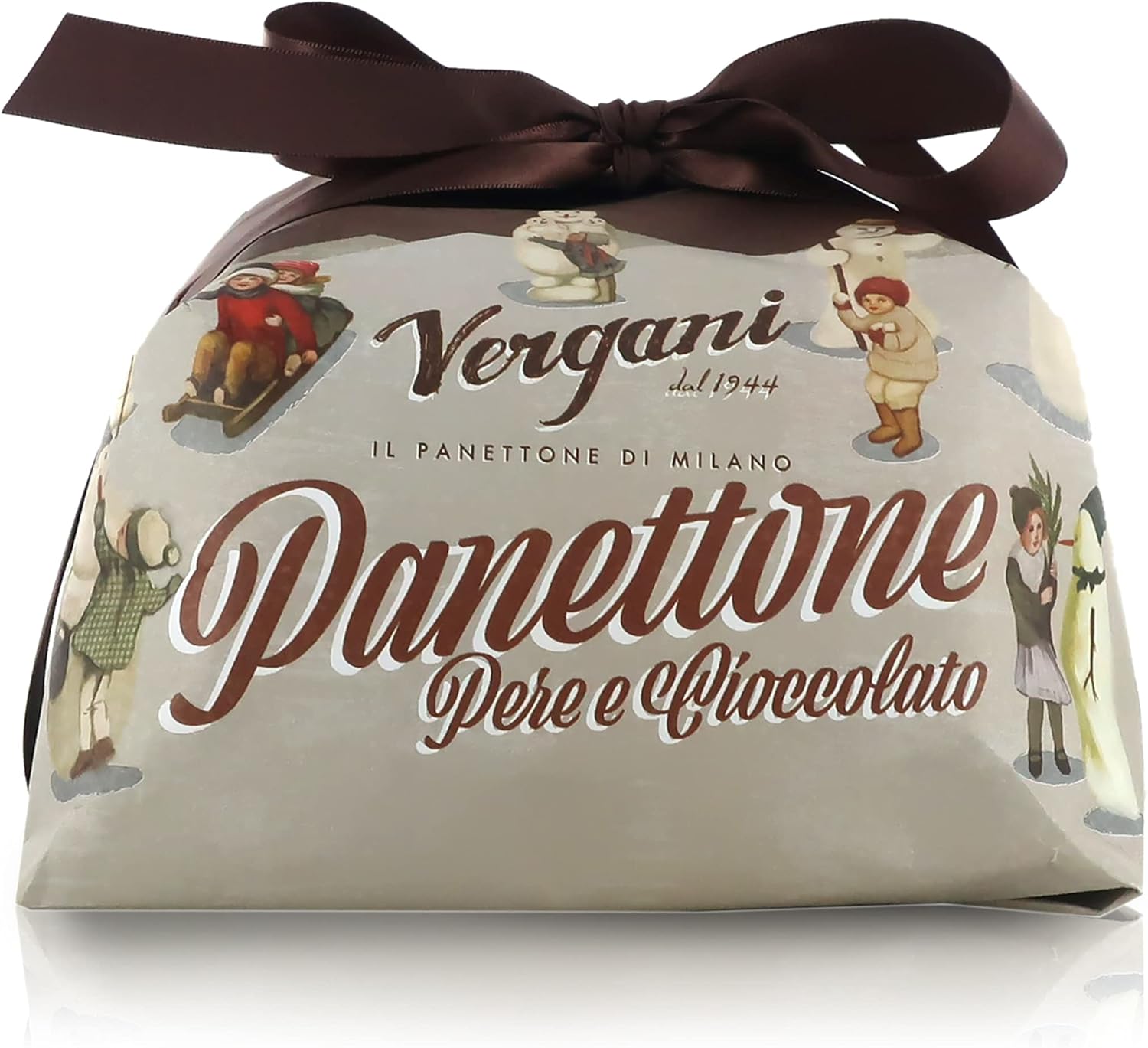 Vergani Panettone con Pera y Chocolate, Envuelto a Mano, Papel con Muñecos de Nieve, 750 Gramos