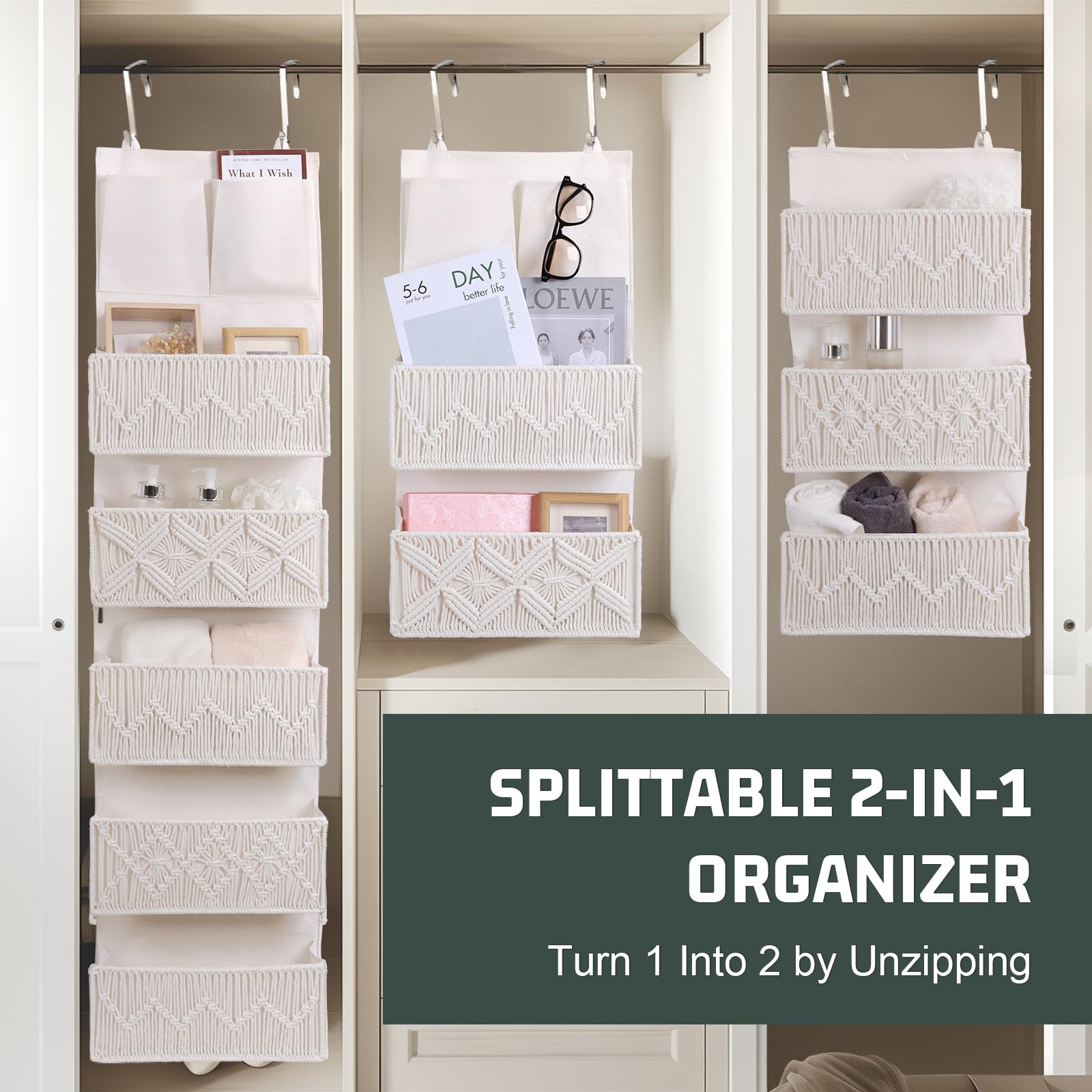 Organizador colgante con 5 bolsillos, flexible, 1 dividido en 2 organizadores, almacenamiento colgante plegable, para habitación de bebé, dormitorio, habitación infantil, baño
