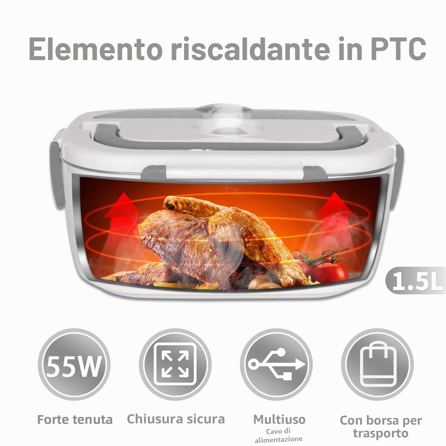 Poligono Scaldavivande Elettrico Portatile con Borsa Termica, Lunch Box 1.5L Portavivande Termico Elettronico Portatile in Acciaio Inox, Porta Pranzo da Ufficio e Auto(55W 220V), Grigio