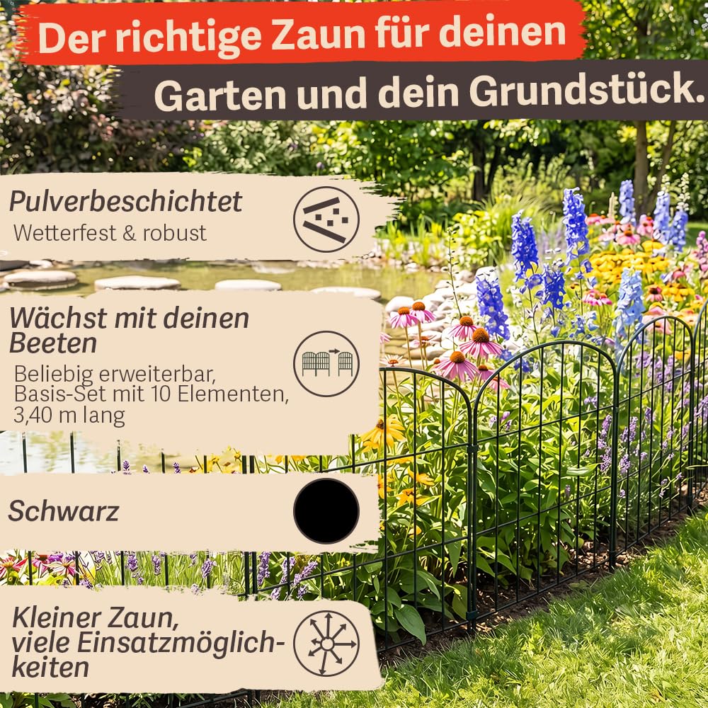 Zaun Gartenzaun Steckzaun Hundezaun Teichzaun für Garten Teich 10 Zaunelemente 43 cm hoch Metall Gitterzaun Oberbogen V2Aox, Schwarz