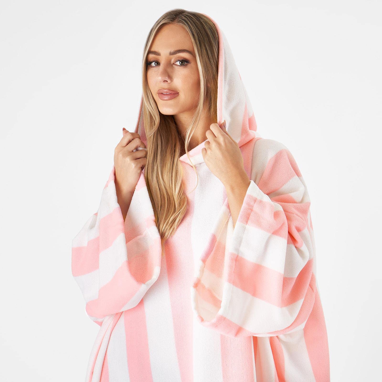 DREAMSCENE Handtuch Poncho Erwachsene Gestreiftes mit Kapuze, saugfähig, Badeponcho Herren Mikrofaser, schnell trocknend, Damen Wickelmantel, Surf Poncho Einheitsgröße Rosa