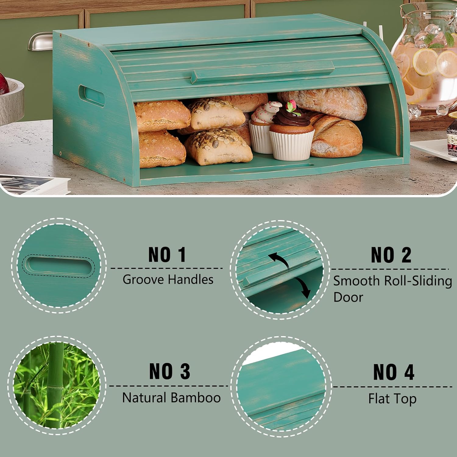 Trironsun Bamboo Roll Top Bread Box for Kitchen Countertop Large Capacity Bread Storage Bin Wooden Bread Storage Organizer Natural Breadbox for Food Storage (Antique Blue)