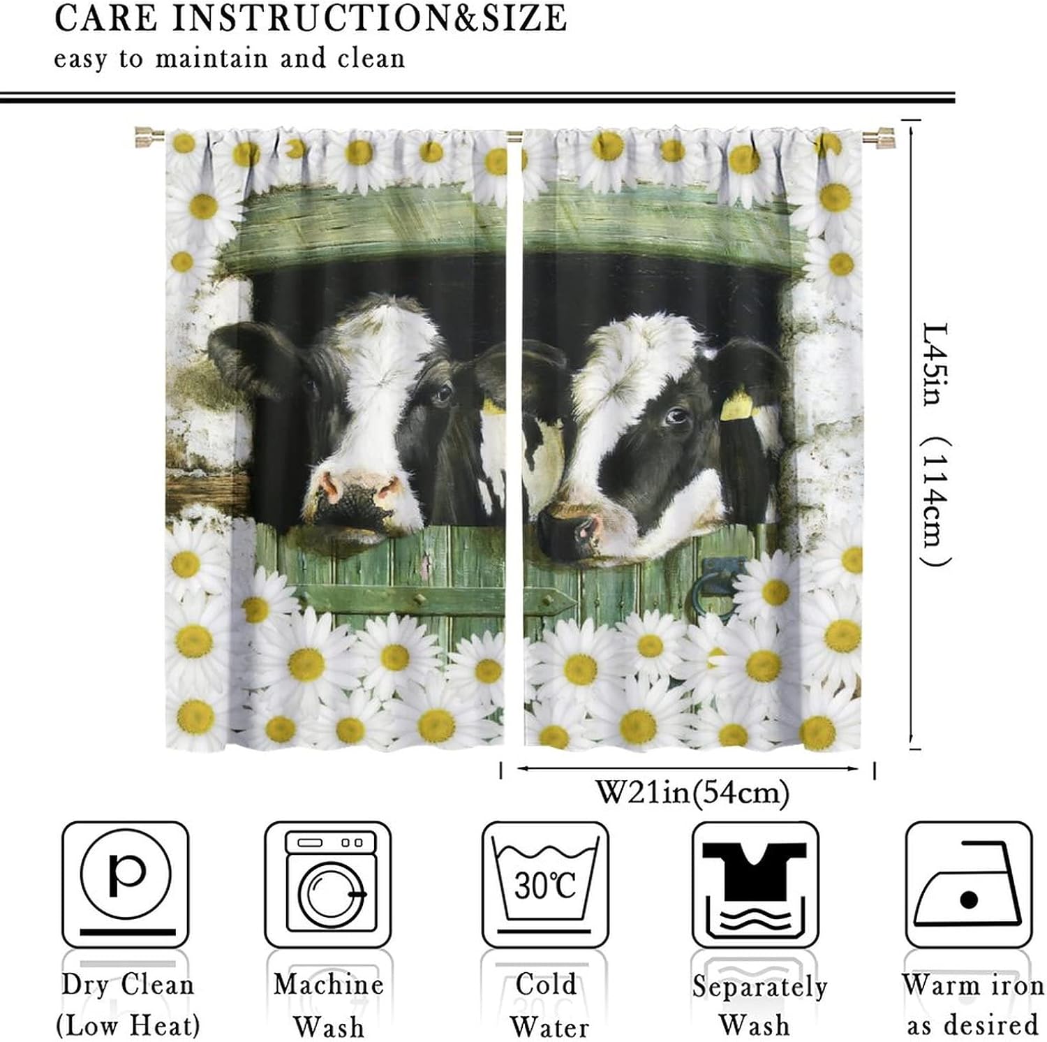 JESTRONRY Cow Kitchen Curtains,Rustic Barn Door Daisy Flower Rustic Wooden Farmhouse Animal Thermal Drapes Window Treatments for Living Room Bedroom W42xL45in