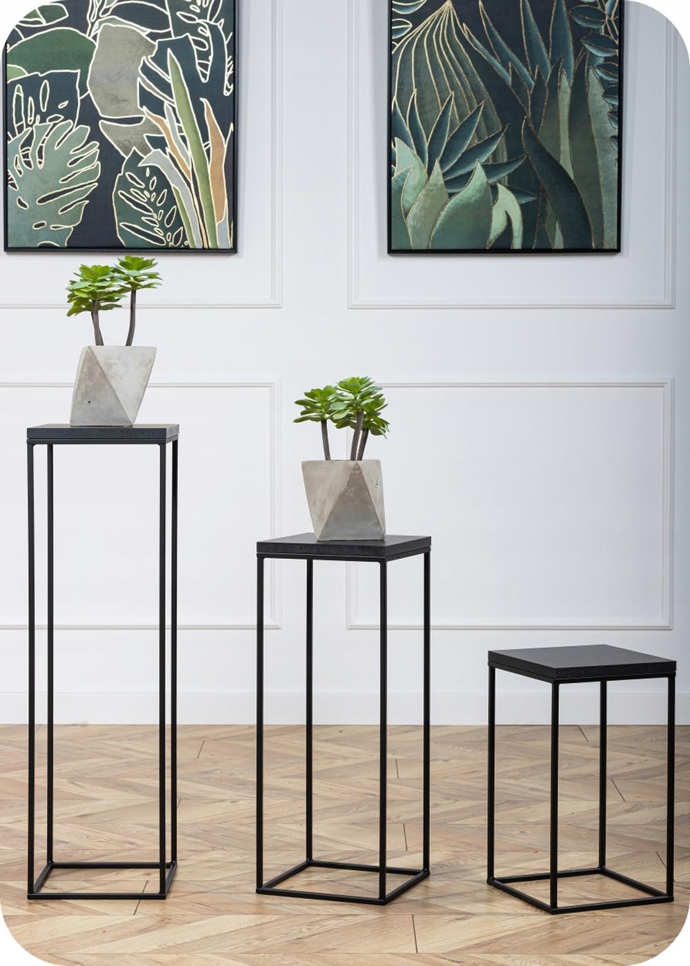 Supporto per piante in metallo, altezza 60 cm, stabile e solido, in stile loft, supporto per fiori con pannello in MDF nero per la decorazione di interni