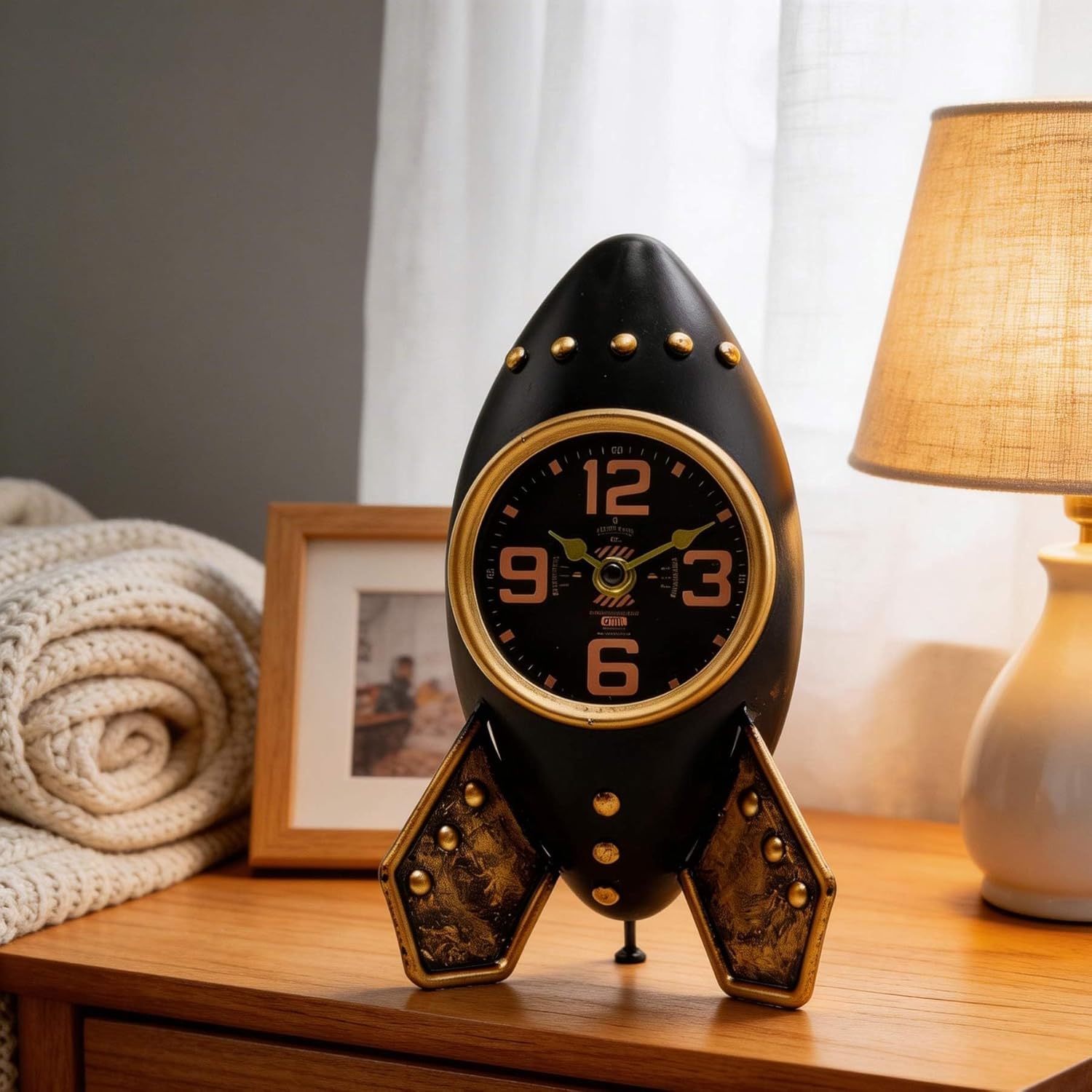 YOUKI Vintage Steampunk Rocket Table Clock - Industrial Metal Desk Decor, Battery Operated Analog Clock for Home Office, Bedroom, Man Cave, Unique Gift for Space Retro Enthusiasts
