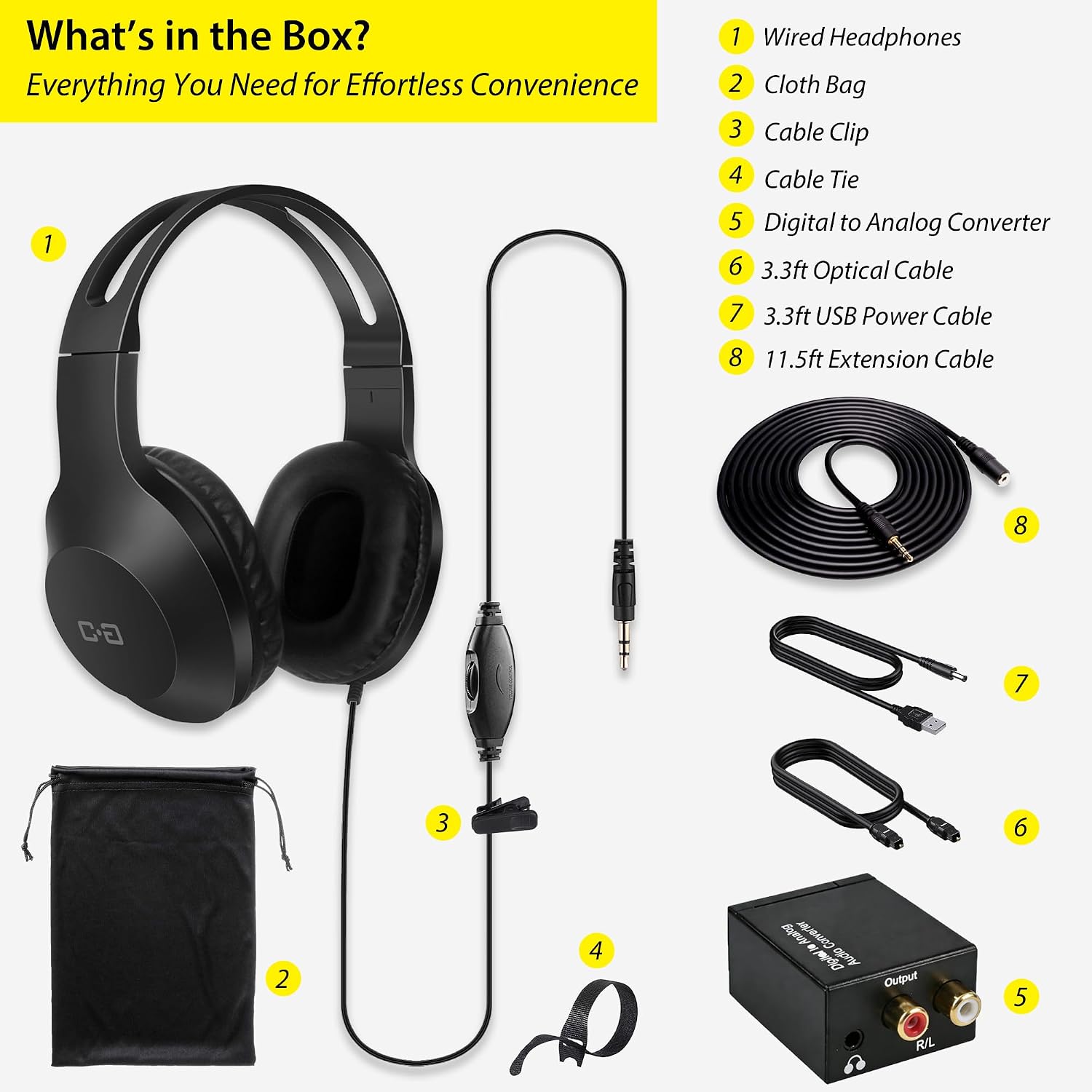 DUNGZDUZ 20Ft Extra Long Cord Headphones for TV, Optical & 3.5mm AUX Connection, Inline Volume Control with Extension Cable, Wired TV Headset with DAC Converter for Most TVs, Senior Friendly 10 71FsKbfwl2L. AC SL1500