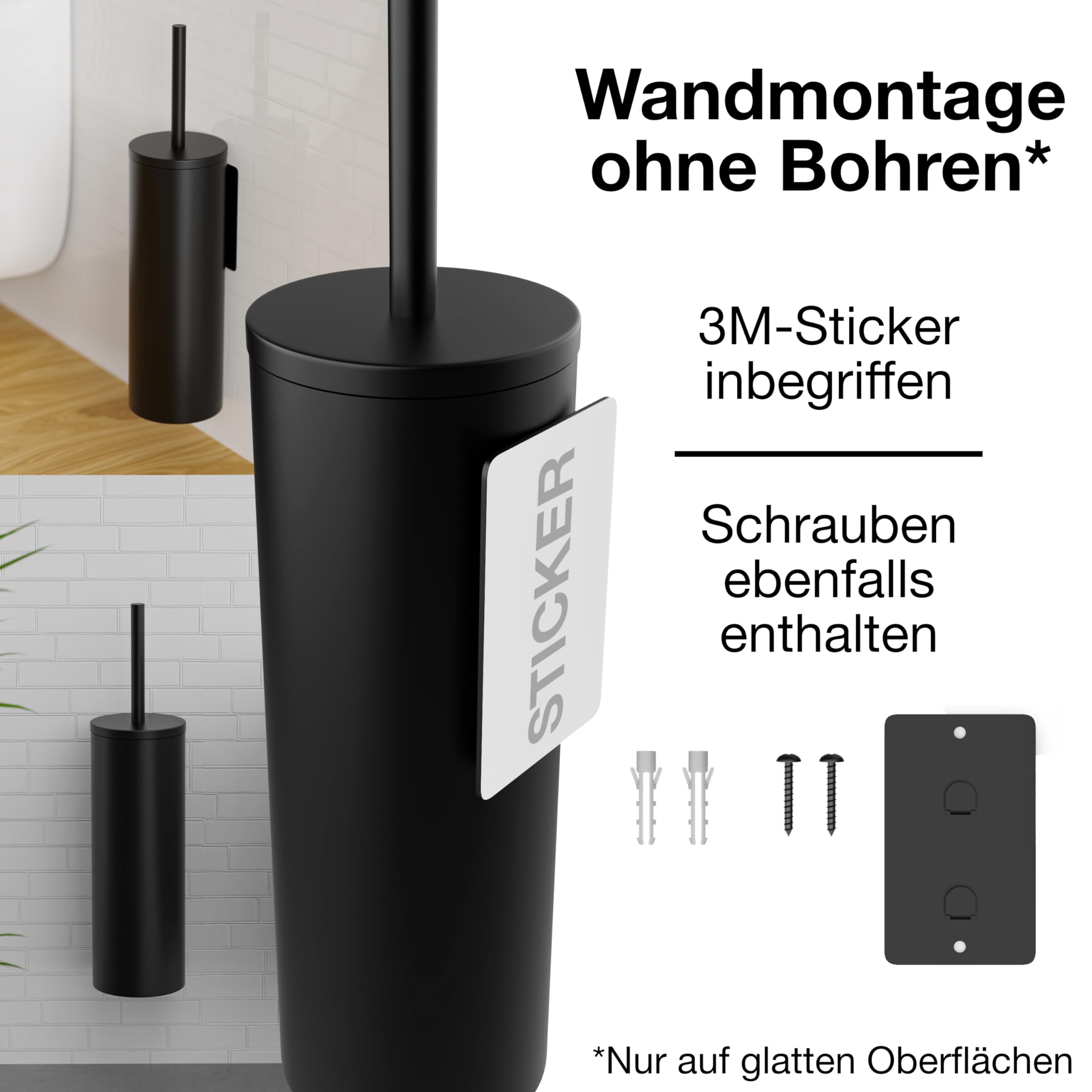 Klobürste Wandmontage Schwarz - Toilettenbürste Silikon & Metall - Wand WC-Bürste Ohne Bohren - Wandbefestigung mit Sticker oder Schraube - Klobürstenhalter - WC3610