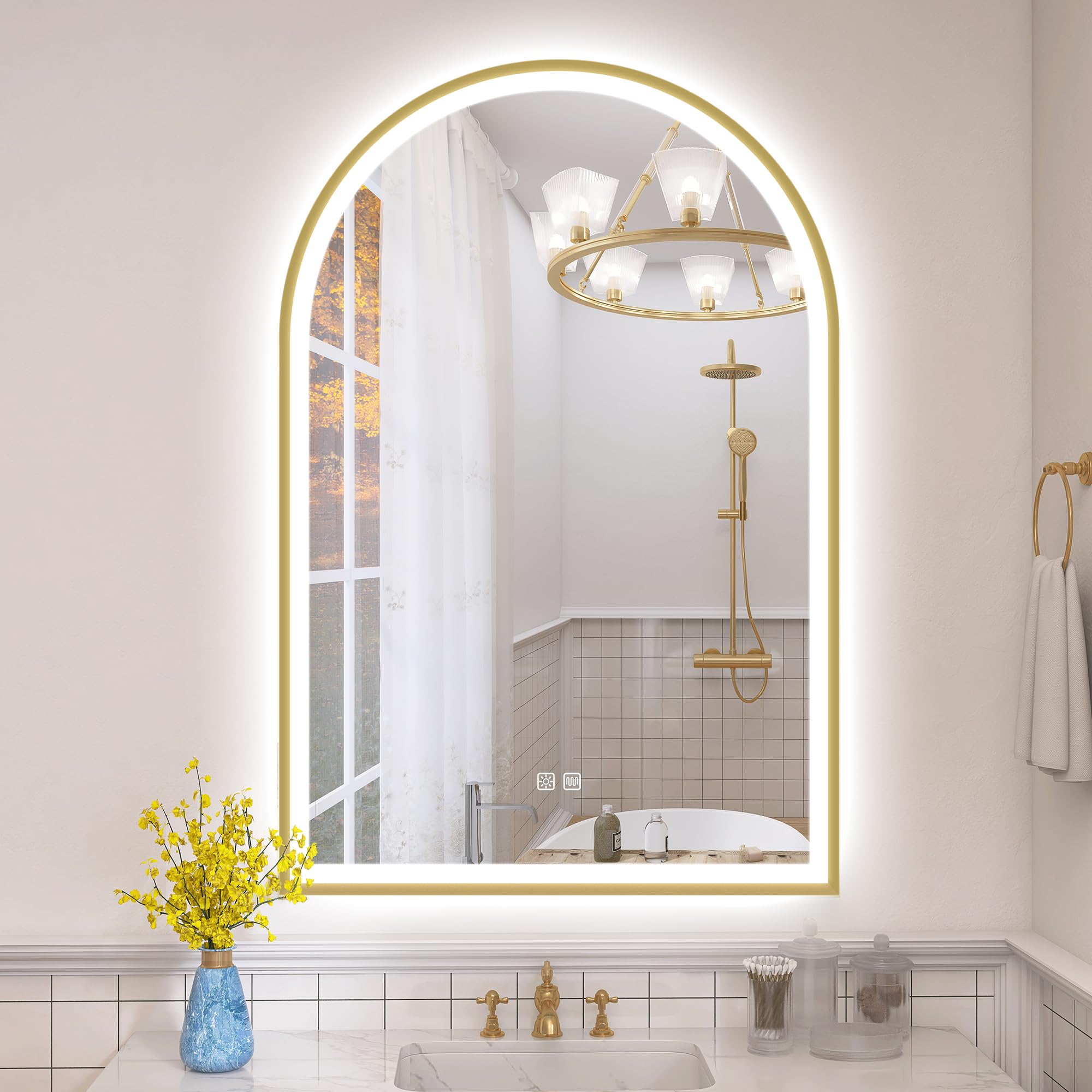 S'bagno Arched Bathroom Mirror with LED Lights 600x900mm, Bathroom LED Mirror with Aluminum Frame, Anti-Fog, 3000K/4000K/6500K, HD Tempered Glass, IP44 Waterproof, Memory Function, Golden — image 1
