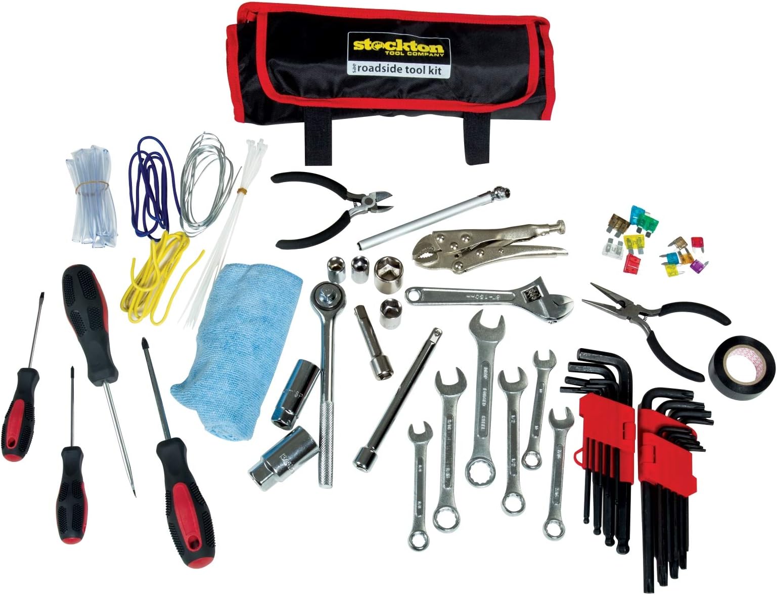 Stockton Roadside Wrenches Allen Set Drive Sockets Pliers Screwdrivers Fuses Street Bike Motorcycle Tool Roll Kit - Standard SAE
