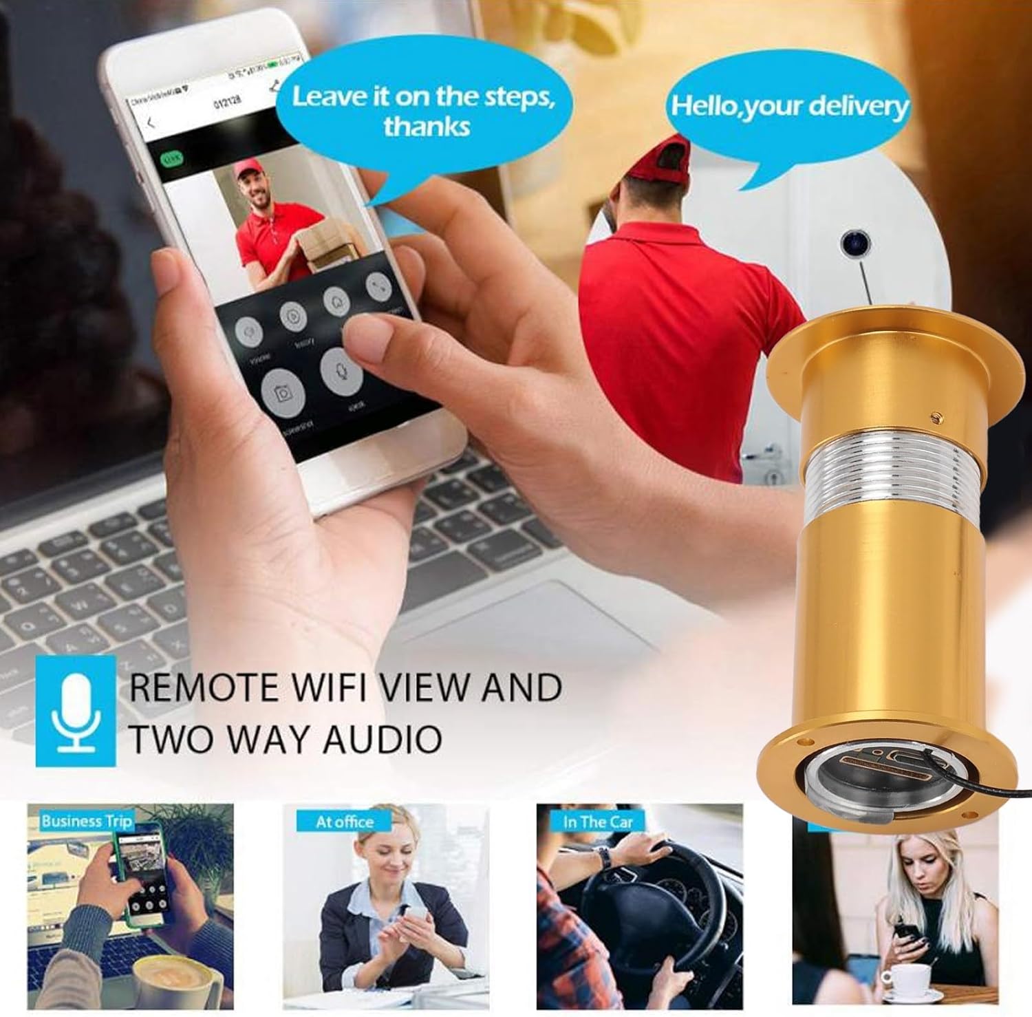 Jectse Door Peephole Camera demonstrating remote Wi-Fi viewing and two-way audio.