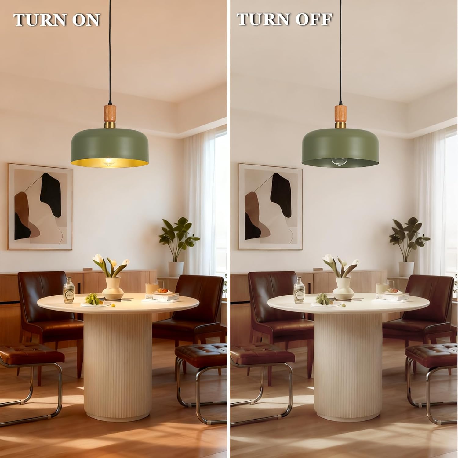 2Packs Modern Pendant Lighting,Industrial Pendant Light Fixtures with Green Metal Shade,Wood and Brass Accent,Adjustable Farmhouse Hanging Light Fixture for Kitchen Island,Dining Room,Bedroom,Hallway