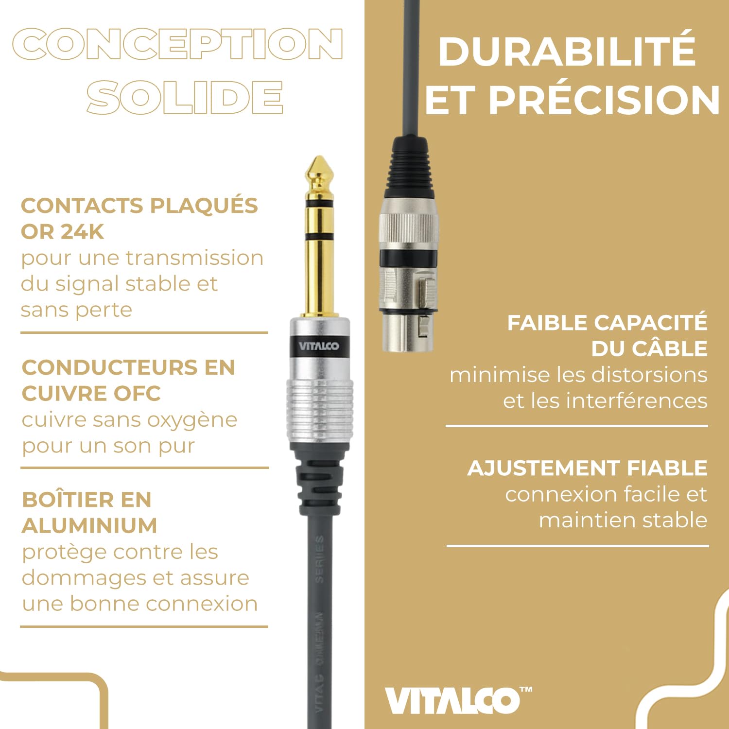 Adaptateur XLR Mâle vers Jack 6.35mm Mono Femalle Audio Prise 3 Broches Connecteur XLR vers Femalle Jack 6.35 TS Câble de Connexion Microphone