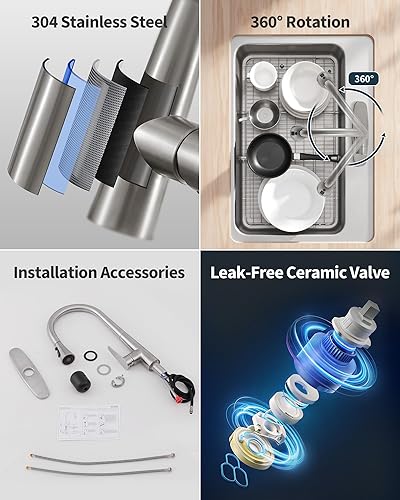 Miniatura 6 de PUSU Grifo de cocina de níquel cepillado de 18 pulgadas de alto con rociador extraíble, grifo de fregadero de cocina de níquel de una sola manija