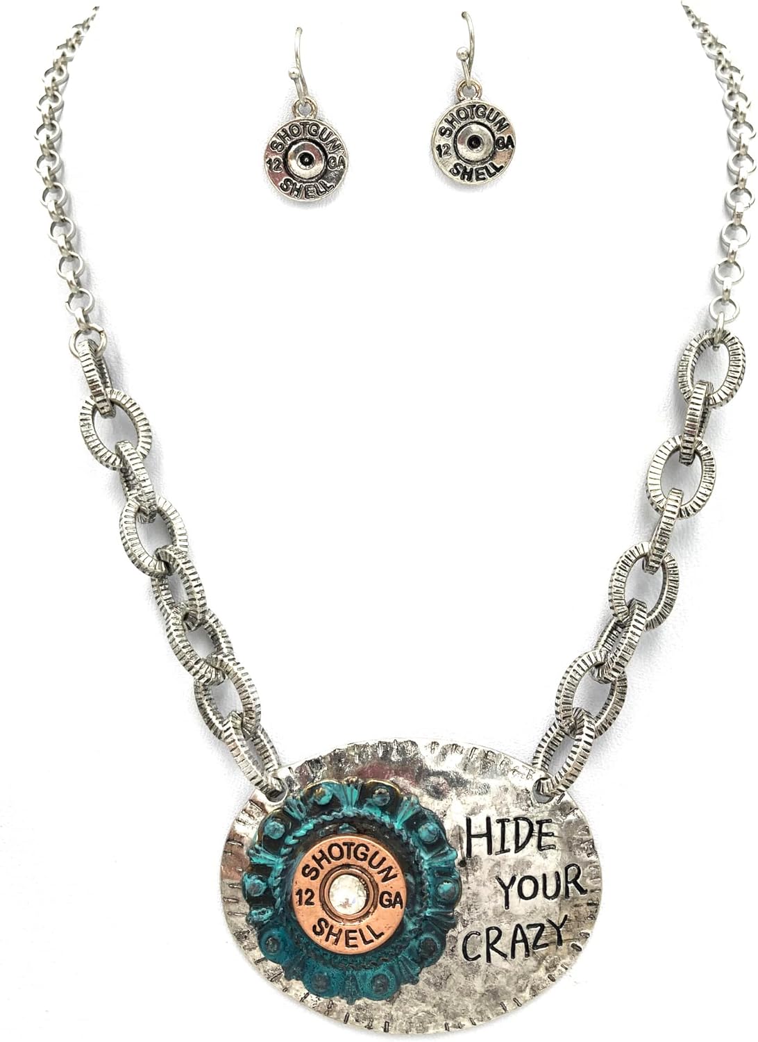 Bohemian Western Hide Your Crazy Shotgun Shell Concho Plated Pendant Necklace with Earrings
